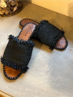 Black Woven Fringe Slide Sandals - Women